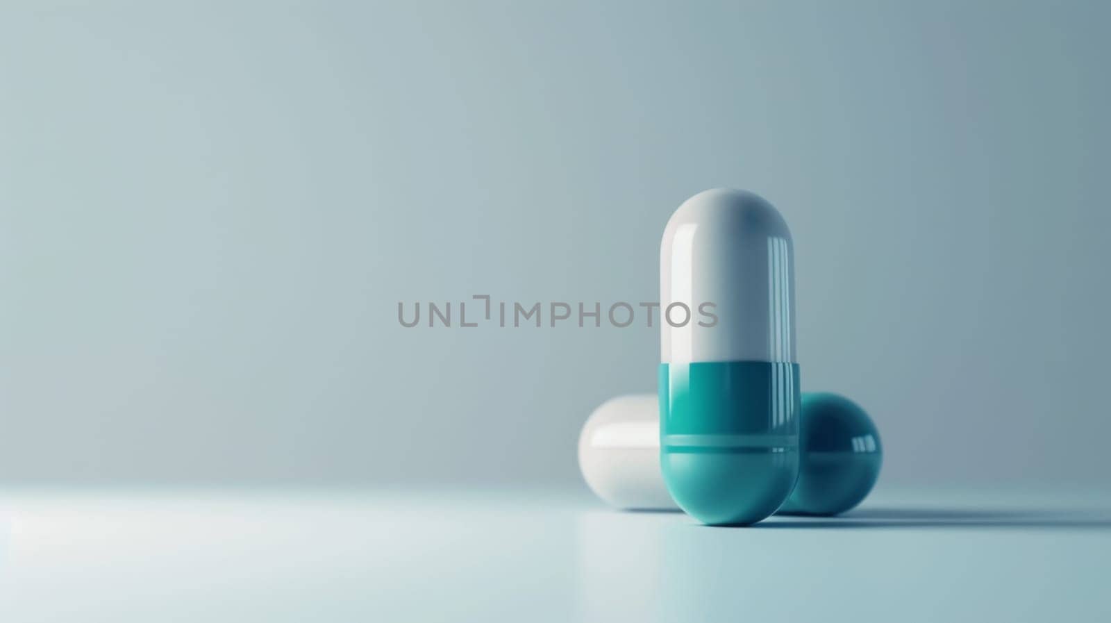 A blue and white pill is placed on top of a wooden table, with the pill clearly visible against the tables surface.