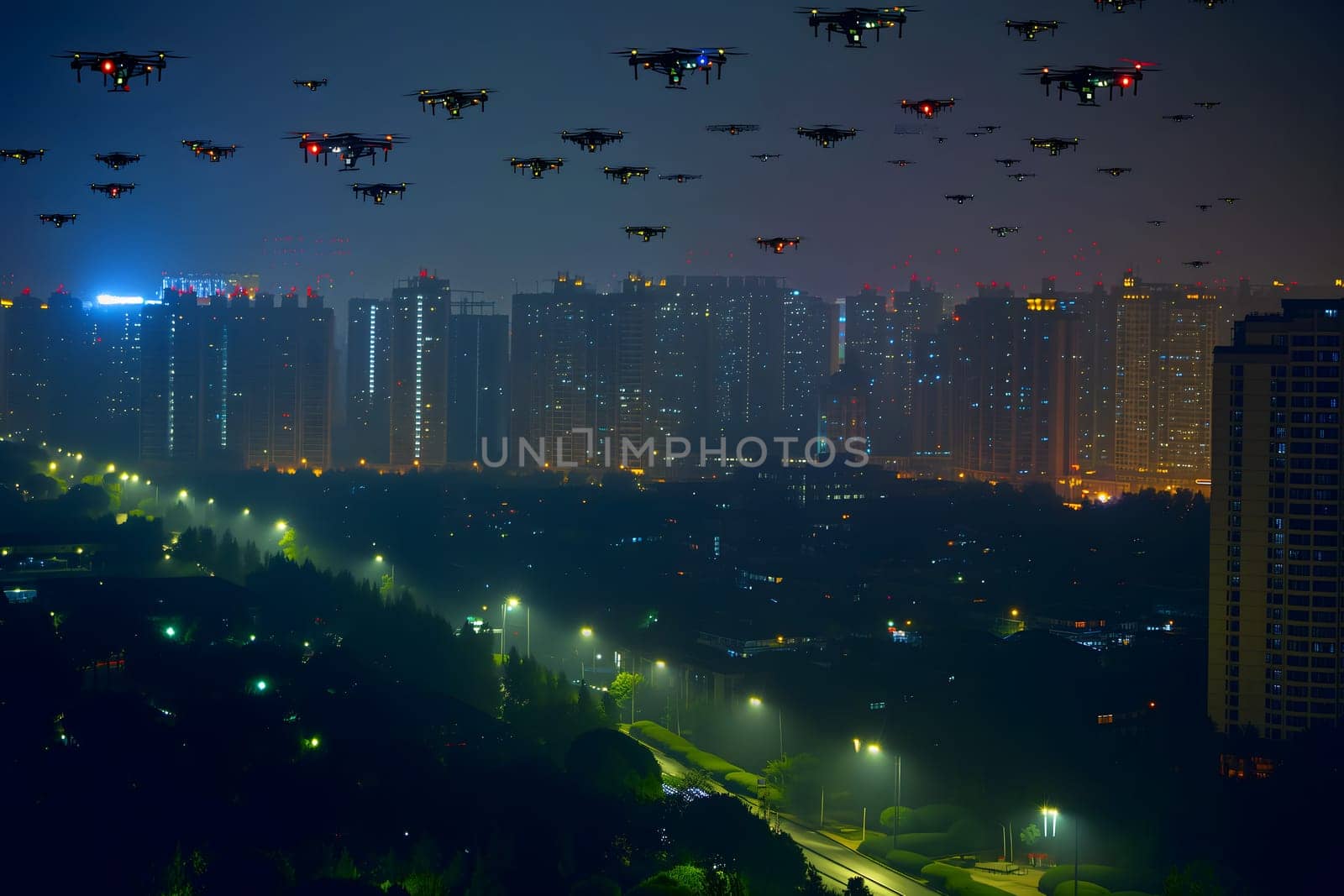 Group of drones over city at summer morning. Neural network generated image. Not based on any actual scene or pattern.