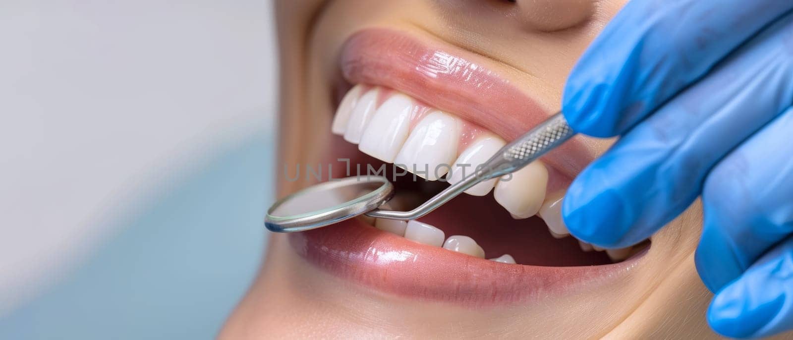 Wide-angle shot of a dental exam focusing on a patient's immaculate white teeth, reflected in the dentist's mirror