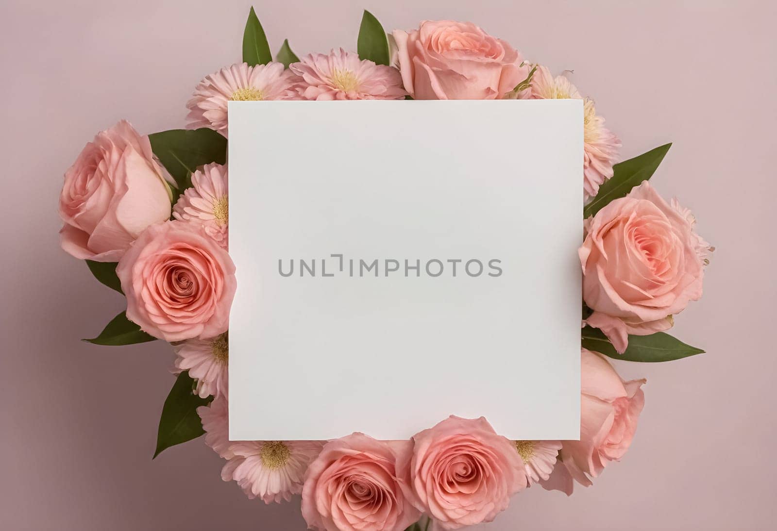 AI generated of pink roses and white paper on pink background