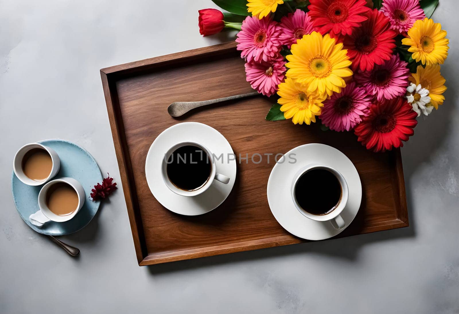 AI generated of two cups of coffee and flowers on a wooden tray