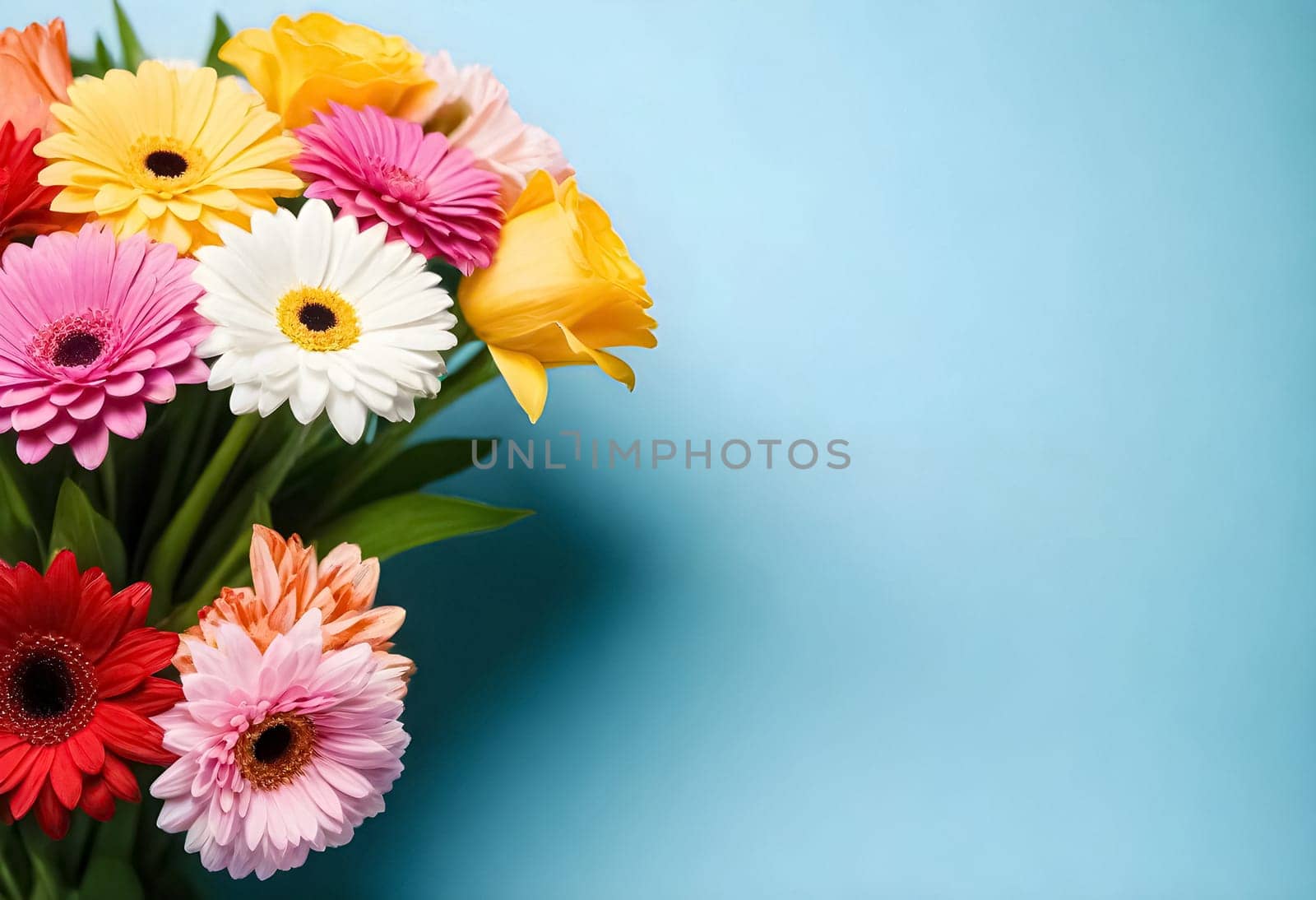 AI generated of a boquet of colorful gerbera flowers on a blue background