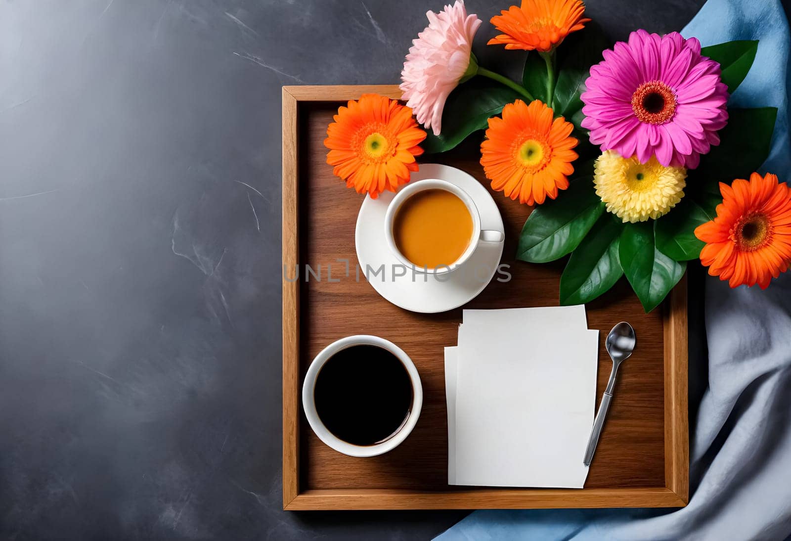 AI generated of coffee and flowers on a wooden tray with a note on a dark table