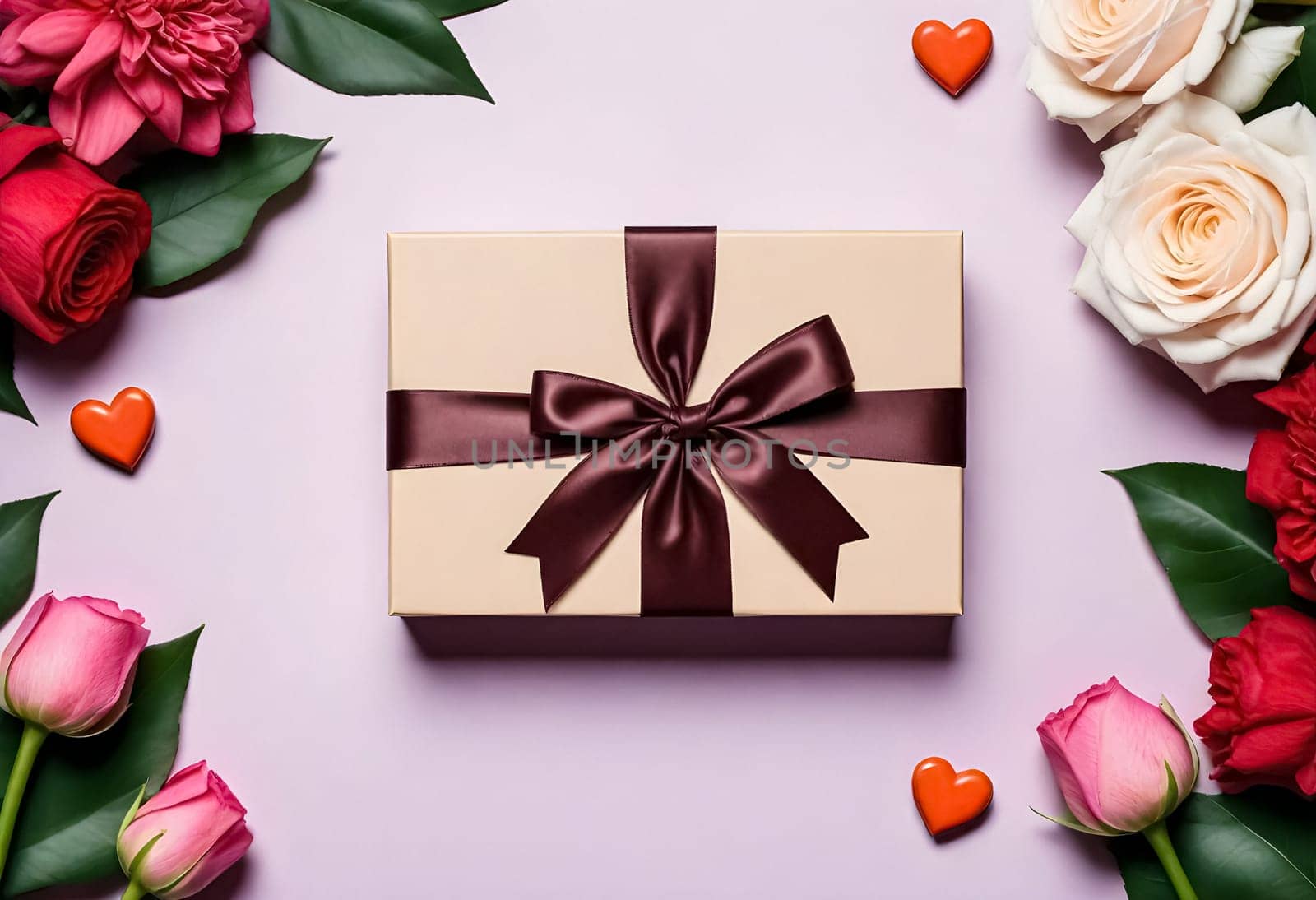 AI genrerated of mother's day gift box with flowers and hearts on pink background