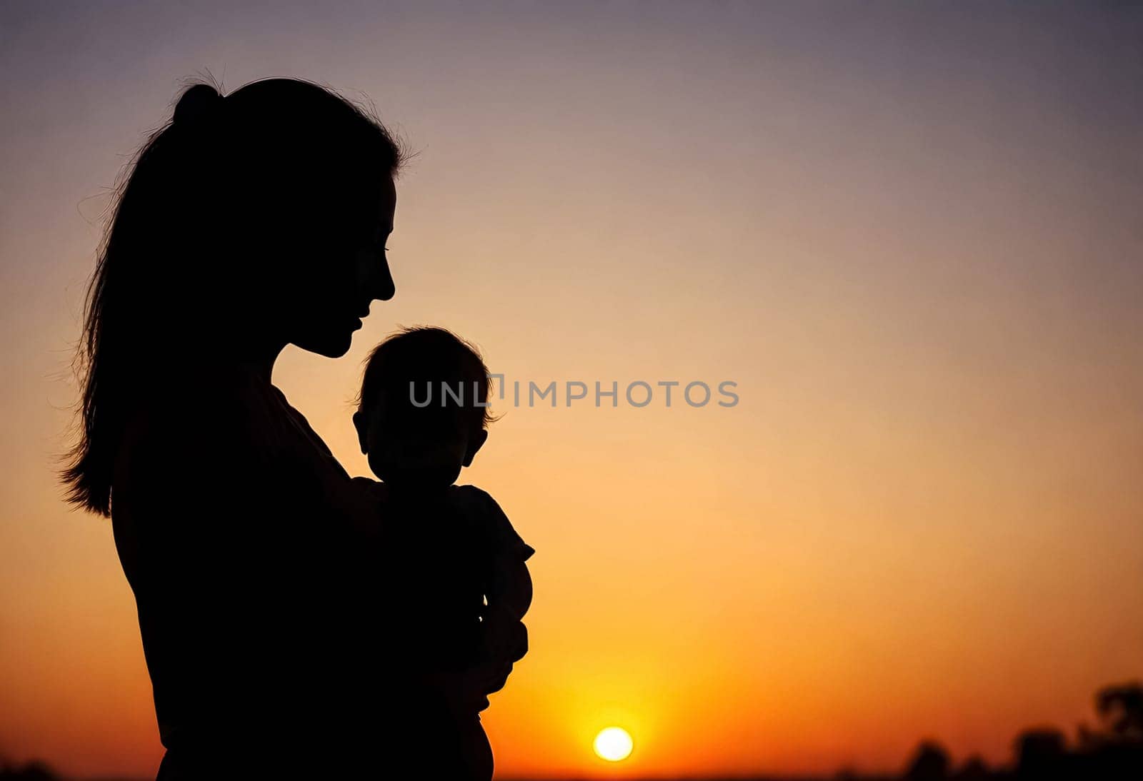 AI generated of silhouette of a mother holding her baby at sunset