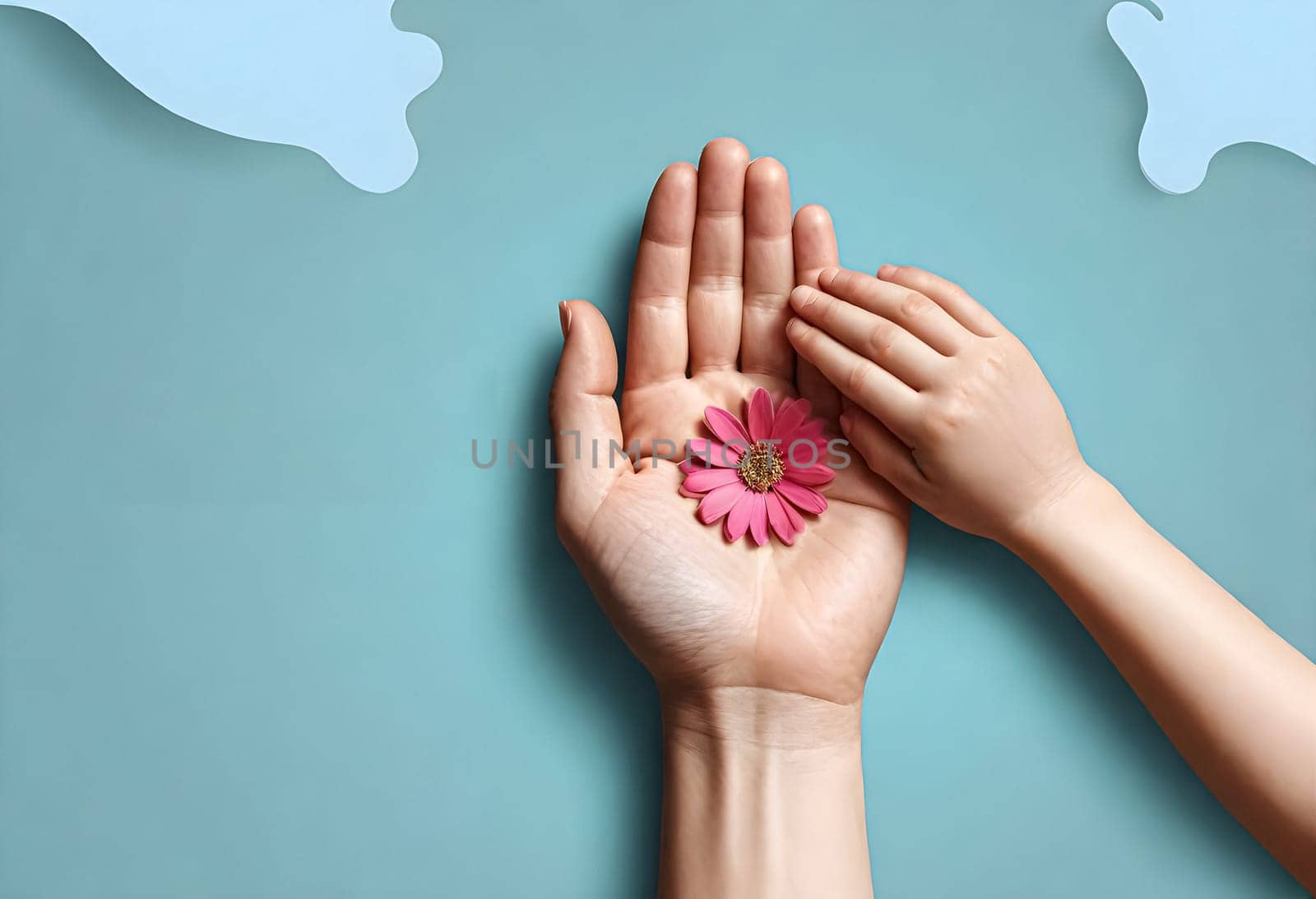 AI generated of mother's hand holding a flower and child's hand holding a flower