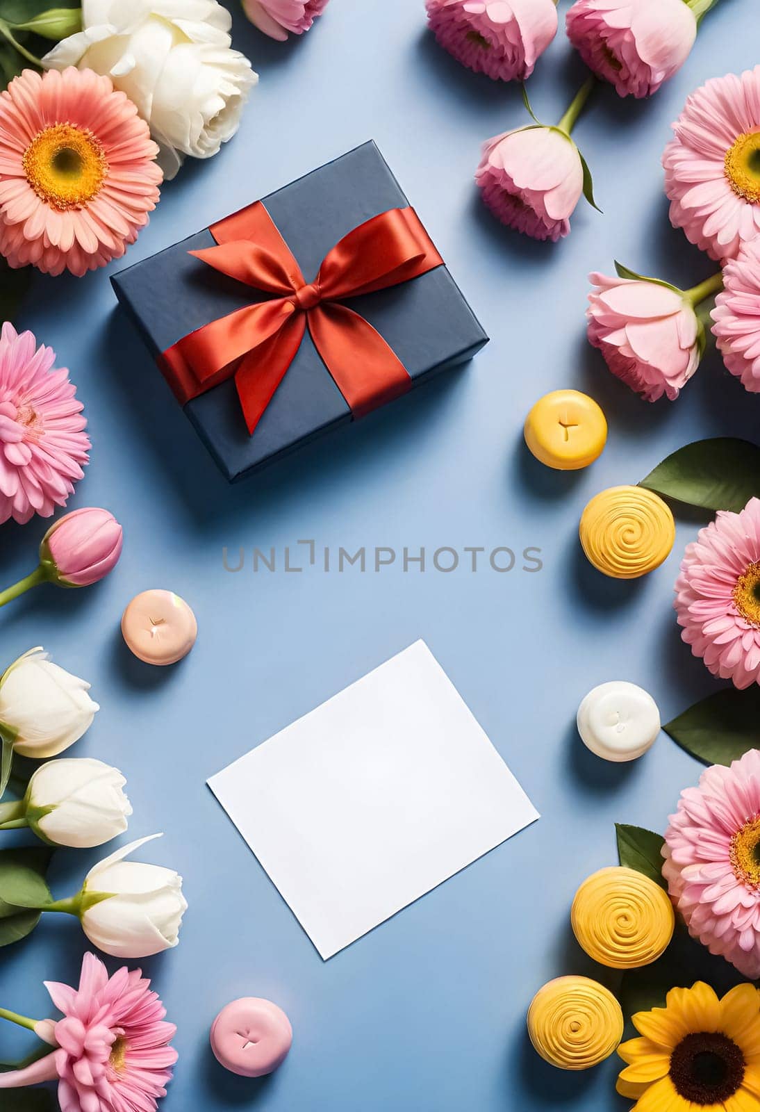 AI genrerated of greeting card with flowers and candy on blue background