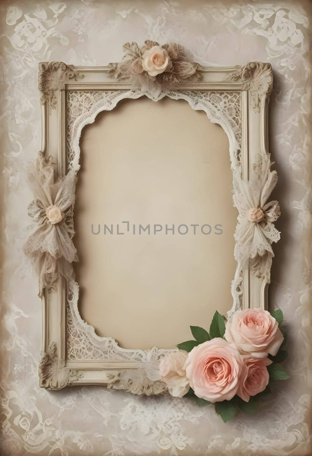 AI generated of vintage frame with roses on a vintage wallpaper