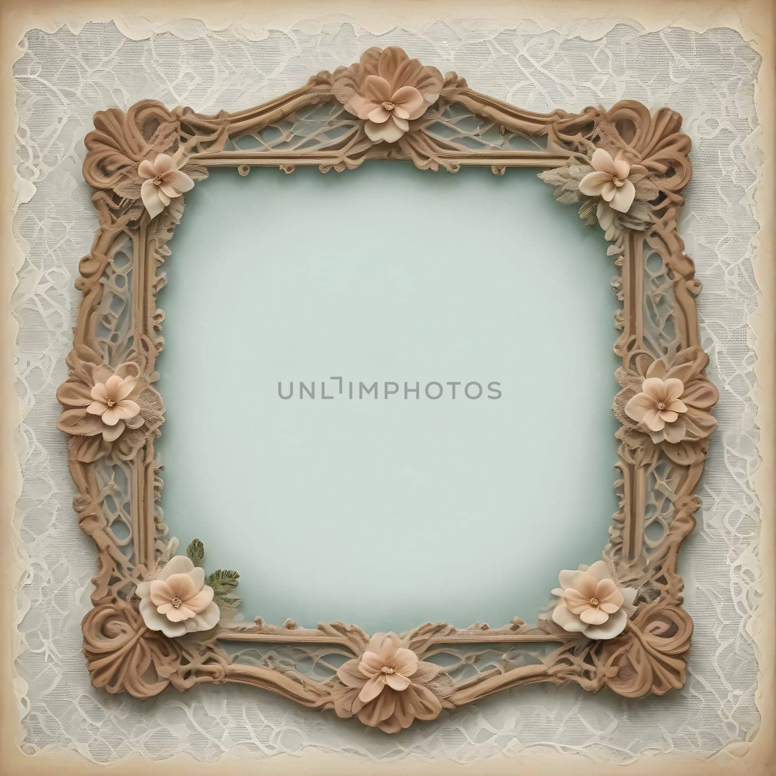 AI generated of vintage frame with flowers on lace background photo