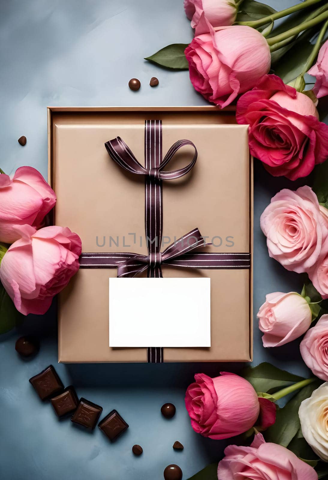 AI genrerated of gift box with flowers and chocolate on blue background