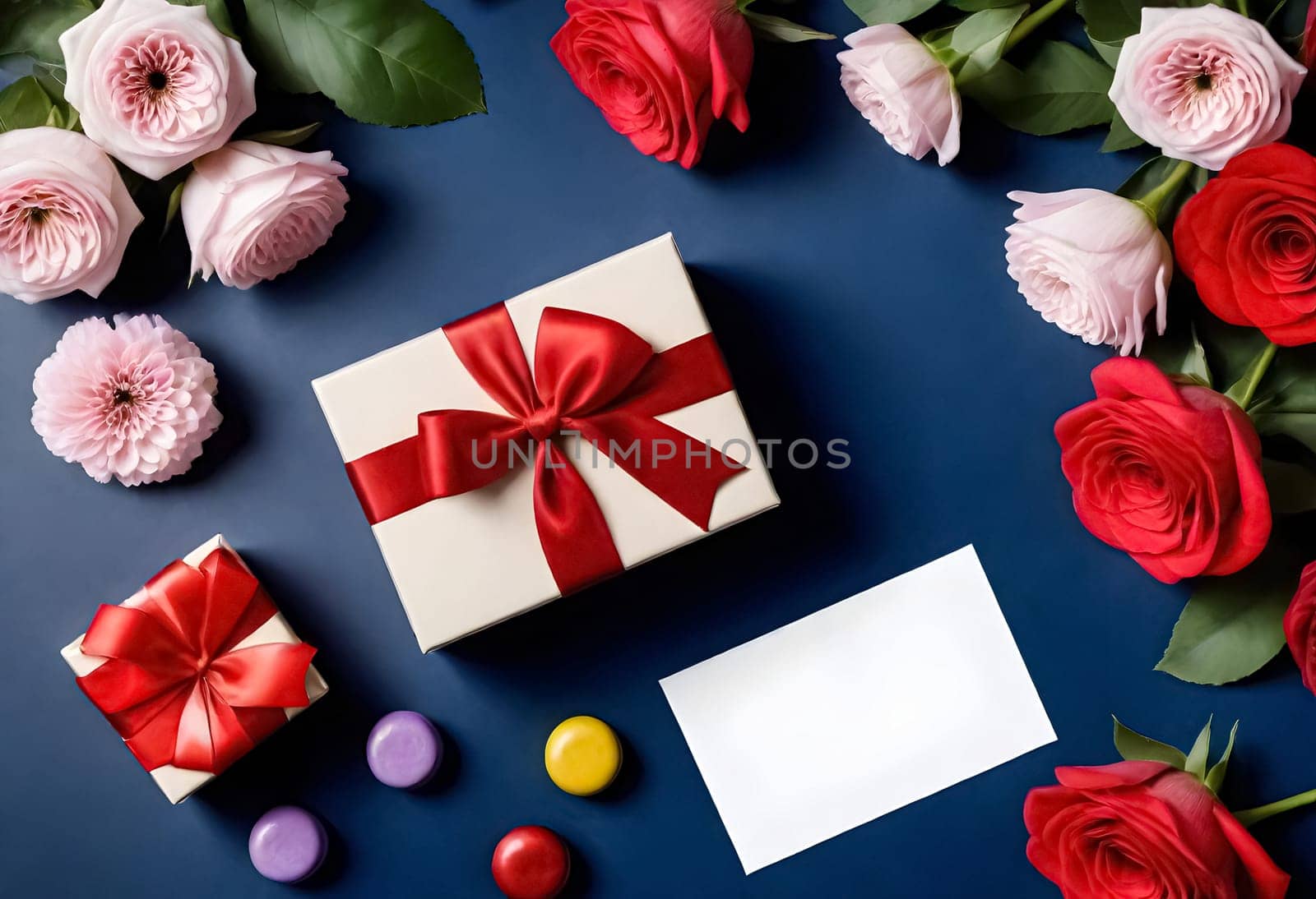 AI genrerated of gift box with red ribbon and flowers on blue background