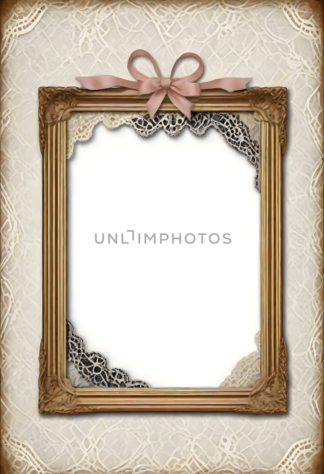 AI generated of vintage frame with lace and ribbon on a white background photo