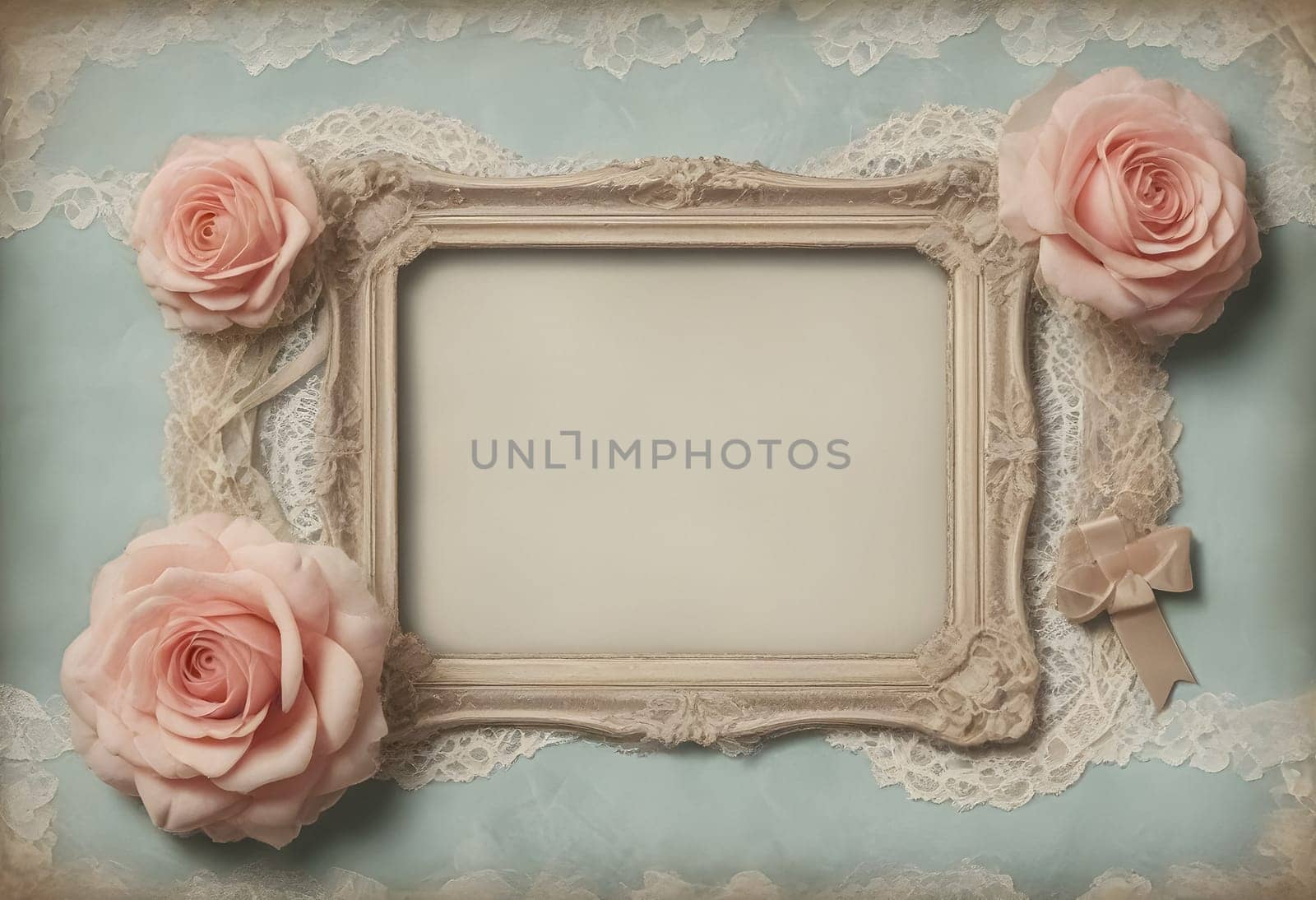 AI generated of vintage frame with pink roses and lace on blue background