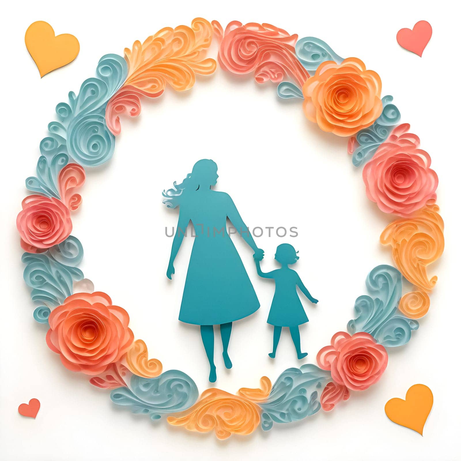 AI generated of a mother and child are holding hands in a wreath of paper flowers