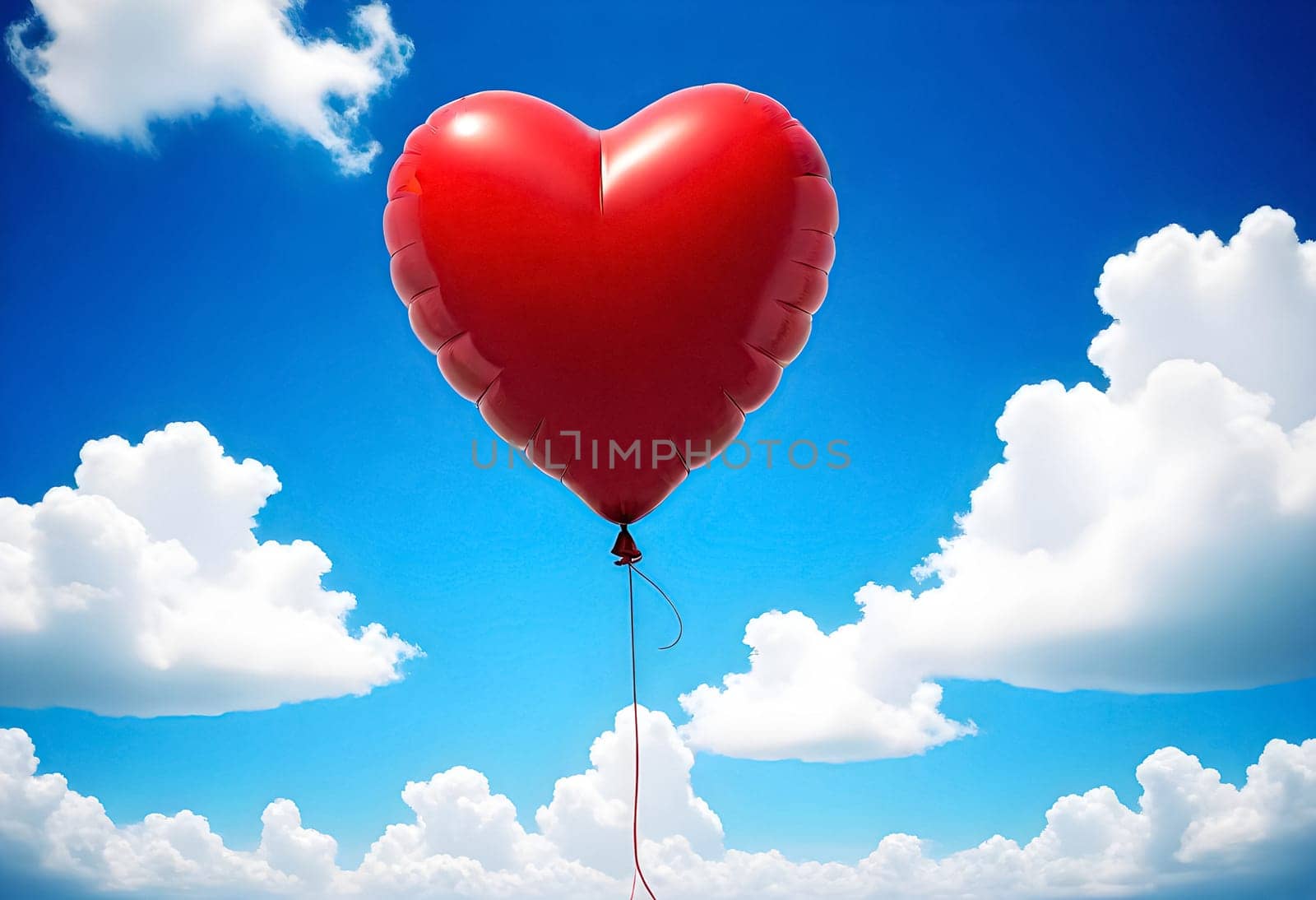AI generated of a red heart shaped balloon is flying in the sky