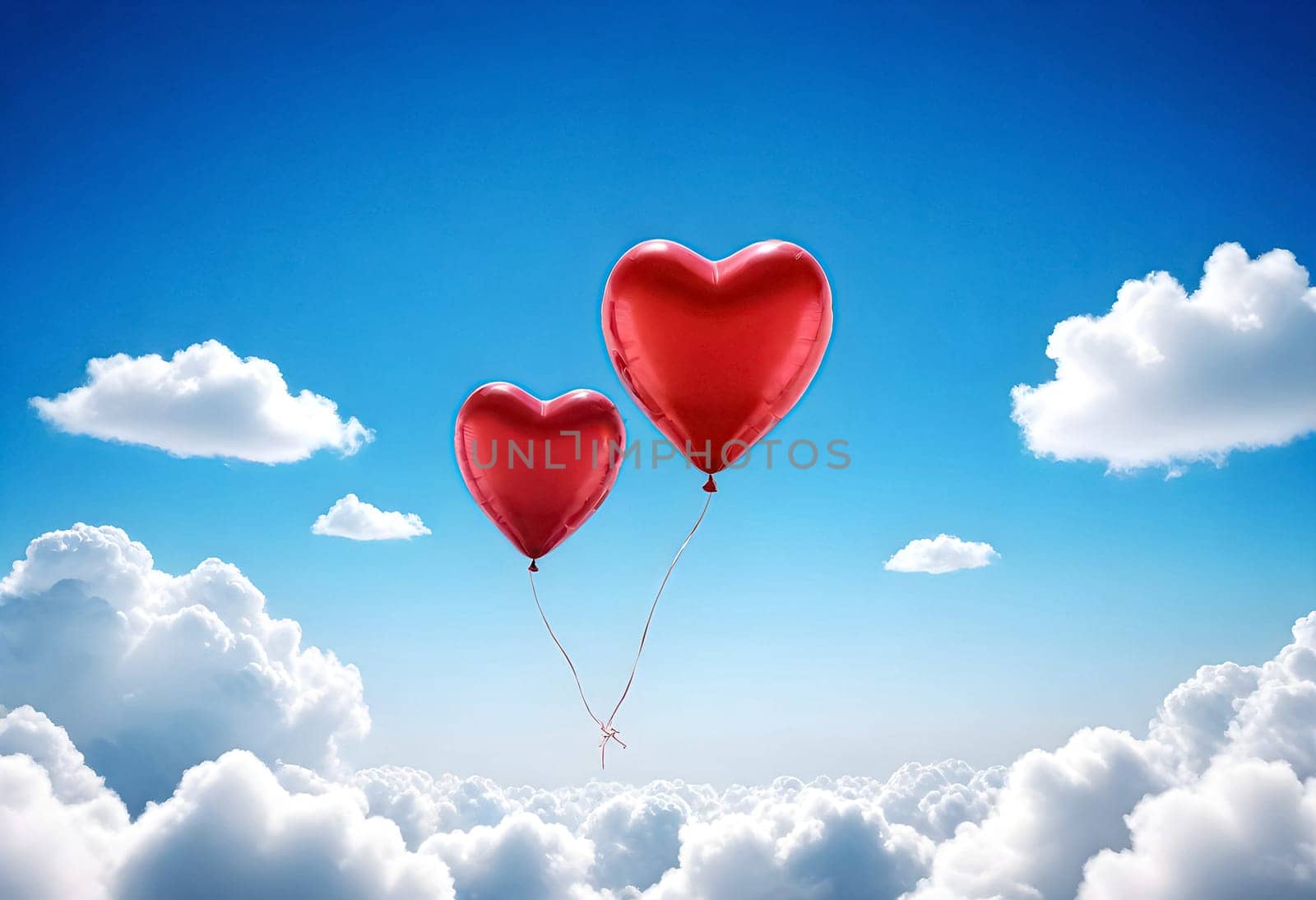 AI generated of two red heart shaped balloons floating in the sky