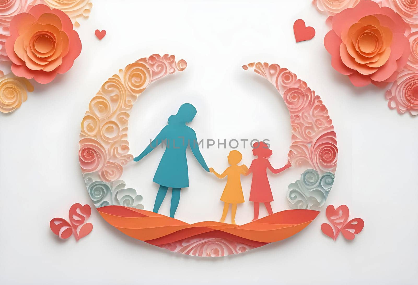 AI generated of paper art of a family with flowers and a mother and daughter