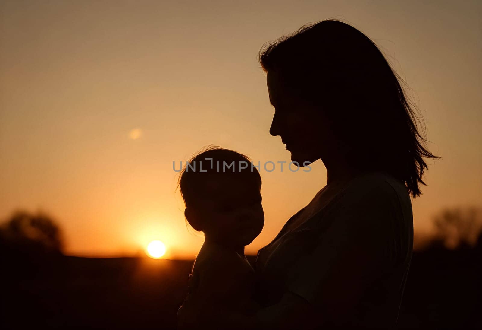 AI generated of a silhouette of a woman holding a baby with the sun behind her