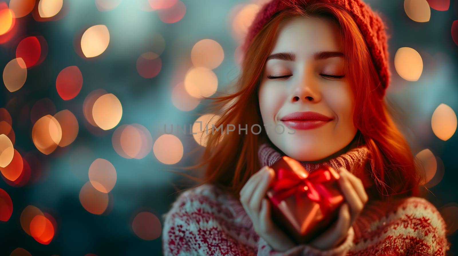 Beautiful redhead young adult woman with gift for Valentines Day with bokeh at background. Neural network generated image. Not based on any actual person or scene.