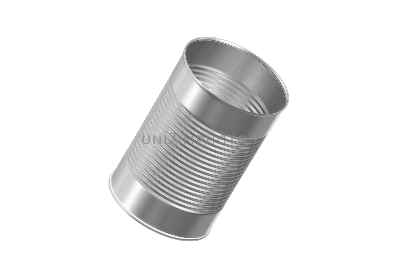 Open metal can on white background