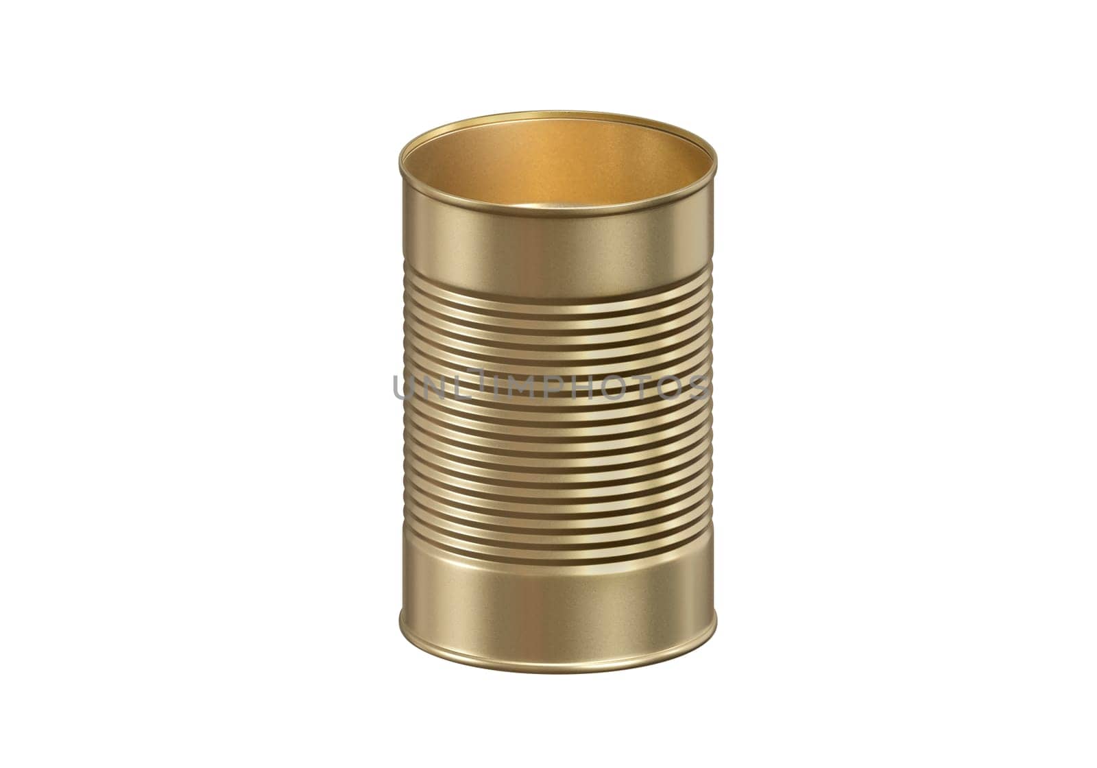 Open metal can on white background
