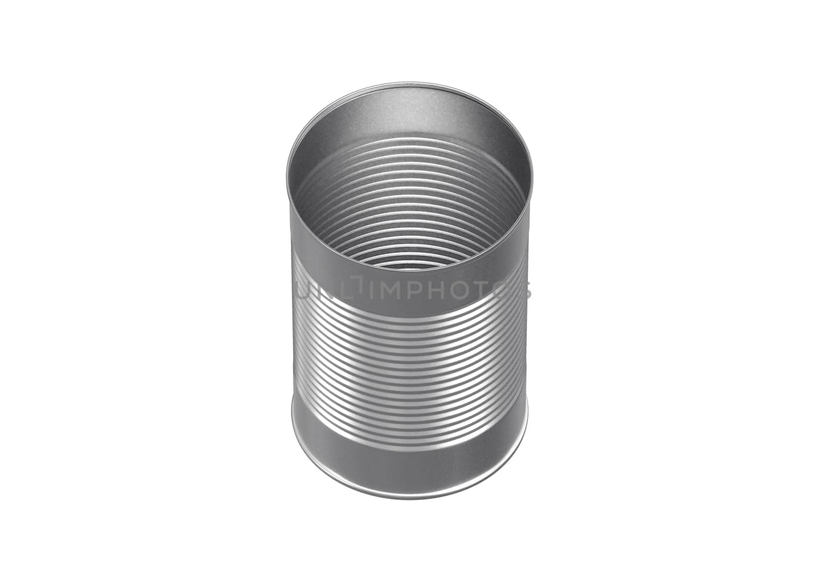 Open metal can on white background