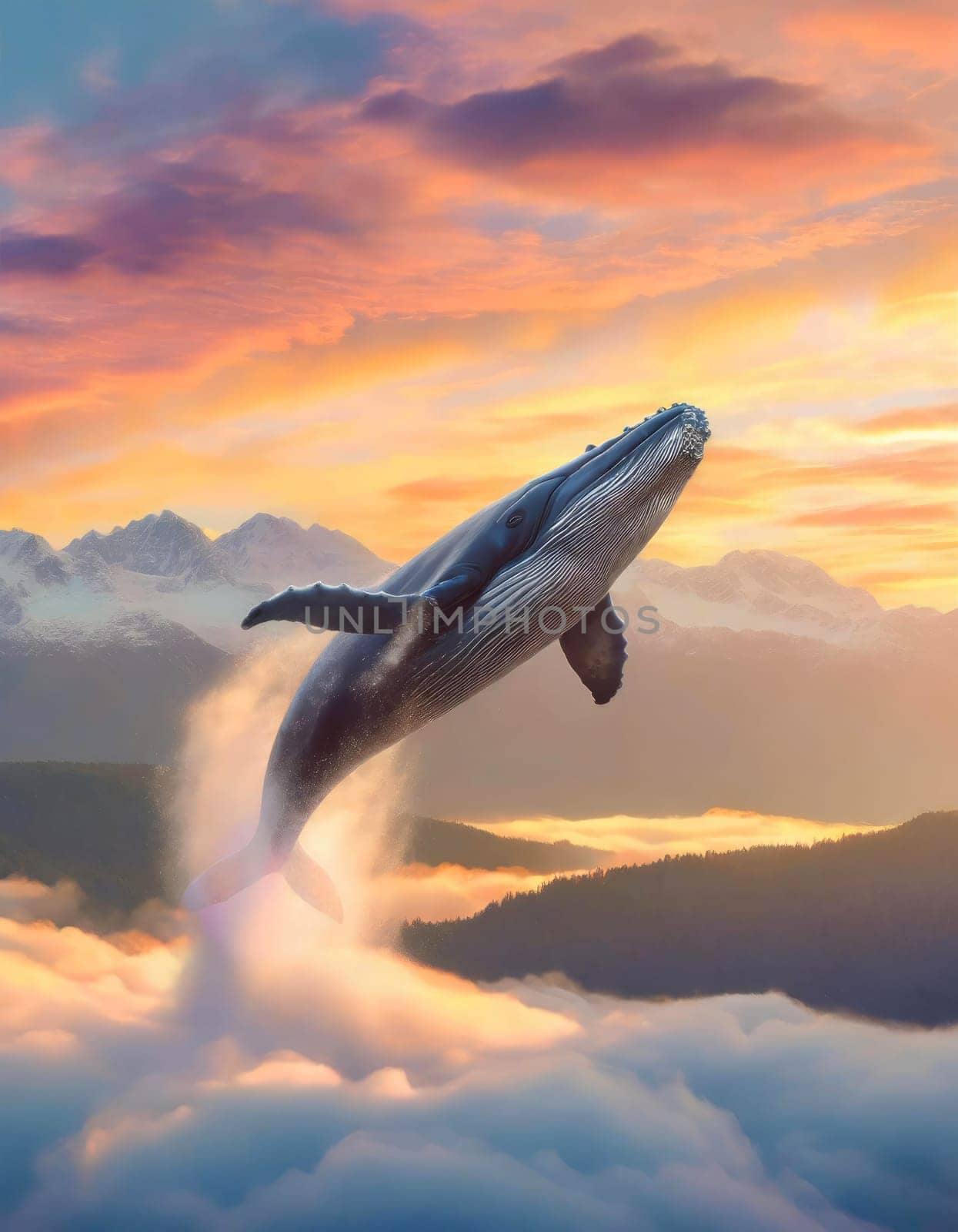 Whale flying above the clouds with a view to the sunset behind the mountain peaks