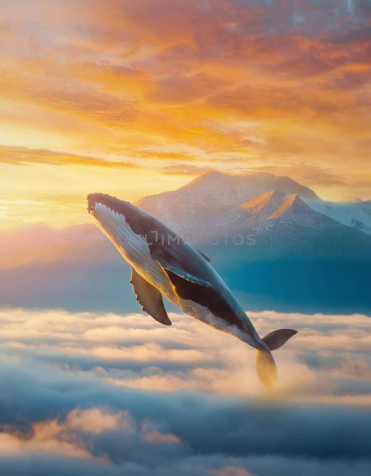 Whale flying above the clouds with a view to the sunset behind the mountain peaks. Surreal diving over the sky, dreamlike scene