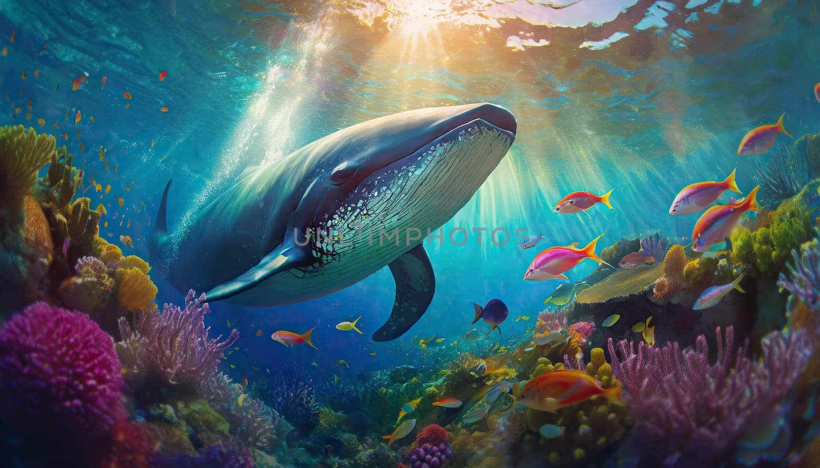 Dreamlike ocean underwater life scene with a giant whale swimming among different colorful fish and coral reef