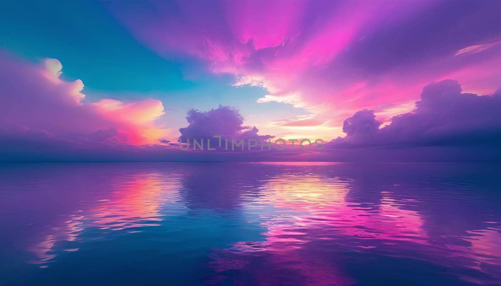 Fantasy seascape with neon color clouds and reflection on the water surface. Dreamlike purple sea background