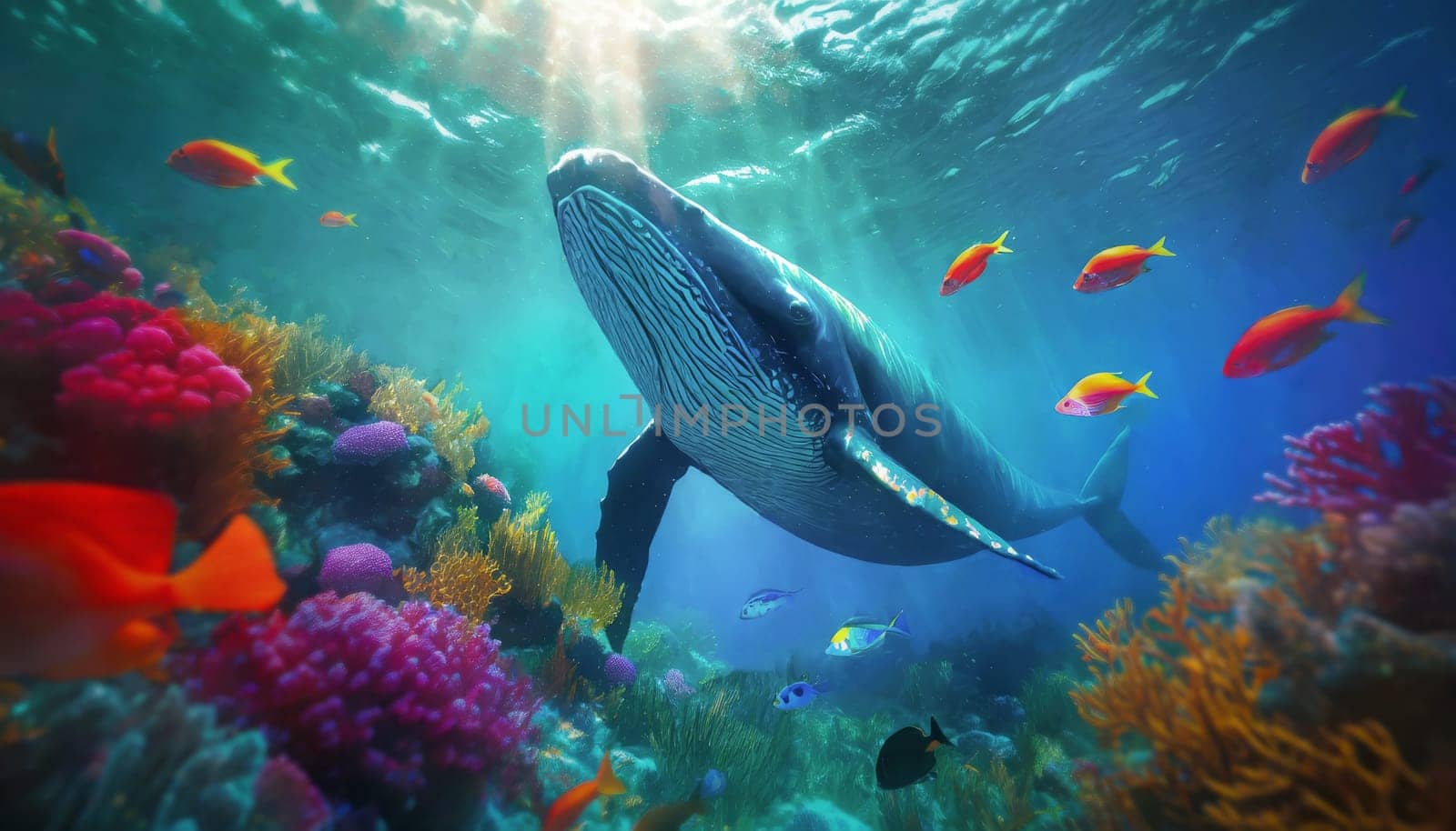 Ocean underwater scene with a whale diving among different colorful fish and coral reef