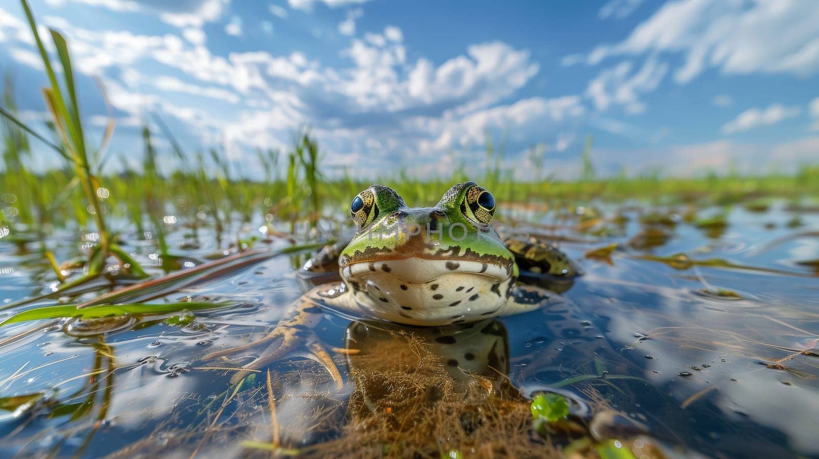 Behold the serene beauty of a Pelophylax nigromaculata, gracefully captured in a front-facing view, as it reclines amidst verdant rice fields under a vast expanse of blue sky adorned with wisps of white clouds. This harmonious composition invites you to immerse yourself in the tranquility of nature's embrace.