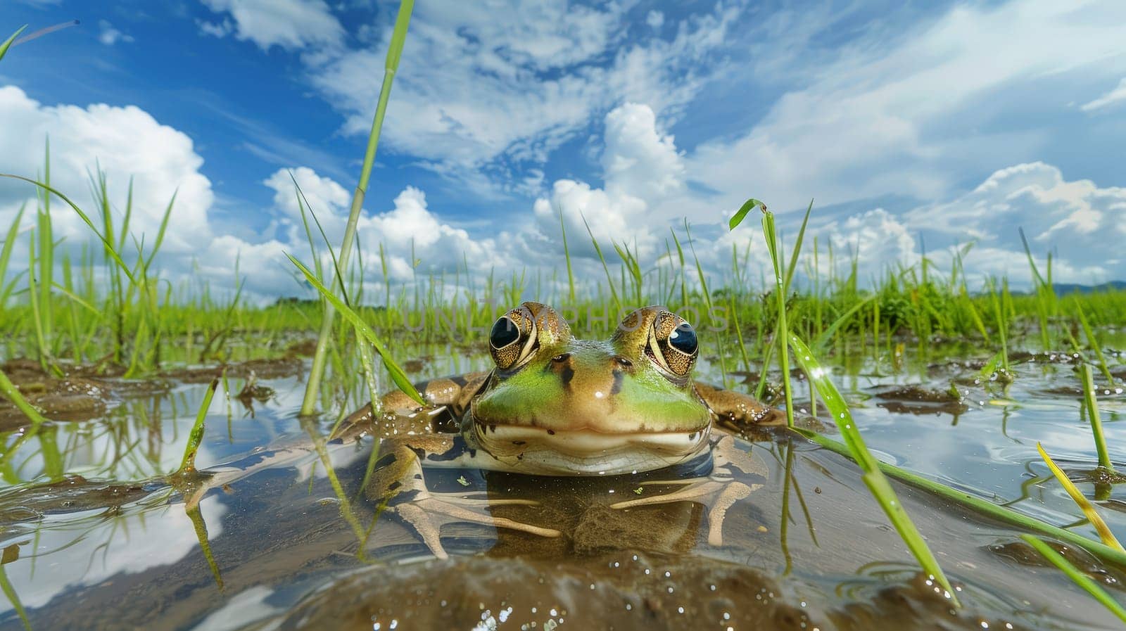 Behold the serene beauty of a Pelophylax nigromaculata, gracefully captured in a front-facing view, as it reclines amidst verdant rice fields under a vast expanse of blue sky adorned with wisps of white clouds. This harmonious composition invites you to immerse yourself in the tranquility of nature's embrace.