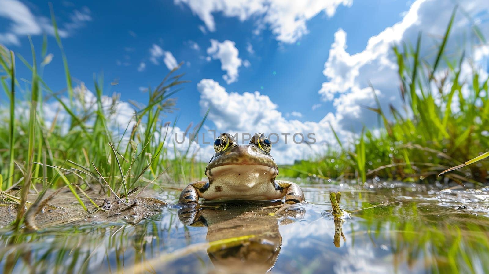 Behold the serene beauty of a Pelophylax nigromaculata, gracefully captured in a front-facing view, as it reclines amidst verdant rice fields under a vast expanse of blue sky adorned with wisps of white clouds. This harmonious composition invites you to immerse yourself in the tranquility of nature's embrace.
