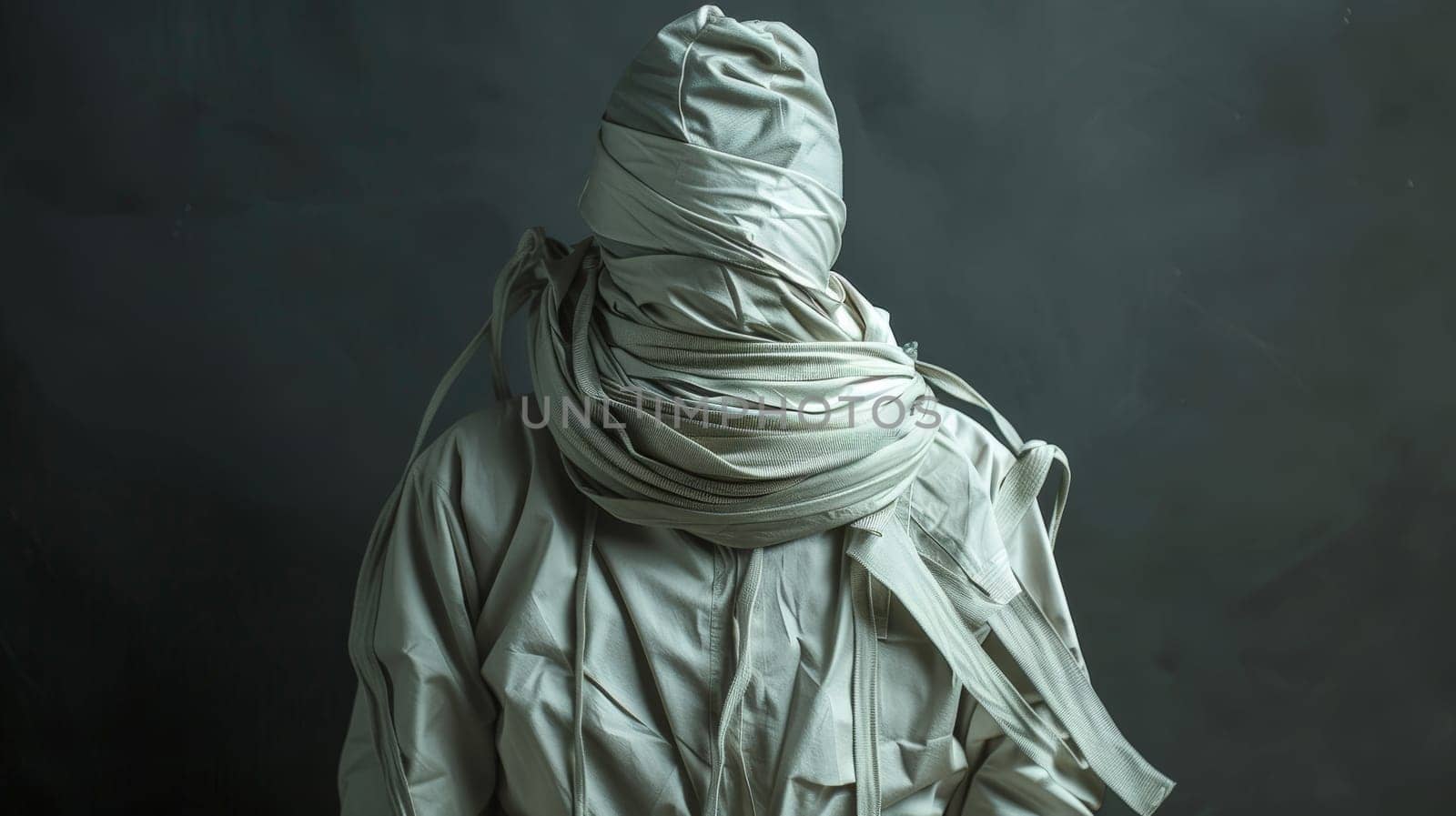 In this poignant photograph, a person stands resilient, clad in a straitjacket, against a stark studio background. Despite the constraints, their gaze reflects determination and inner fortitude, embodying the enduring human spirit in the face of adversity.