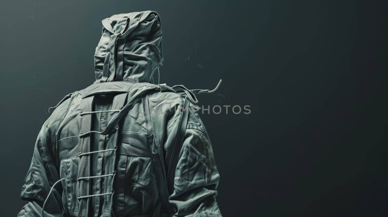 In this poignant photograph, a person stands resilient, clad in a straitjacket, against a stark studio background. Despite the constraints, their gaze reflects determination and inner fortitude, embodying the enduring human spirit in the face of adversity.