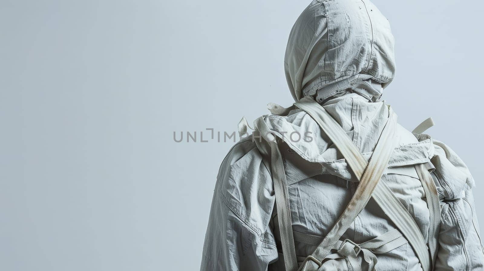 In this poignant photograph, a person stands resilient, clad in a straitjacket, against a stark studio background. Despite the constraints, their gaze reflects determination and inner fortitude, embodying the enduring human spirit in the face of adversity.