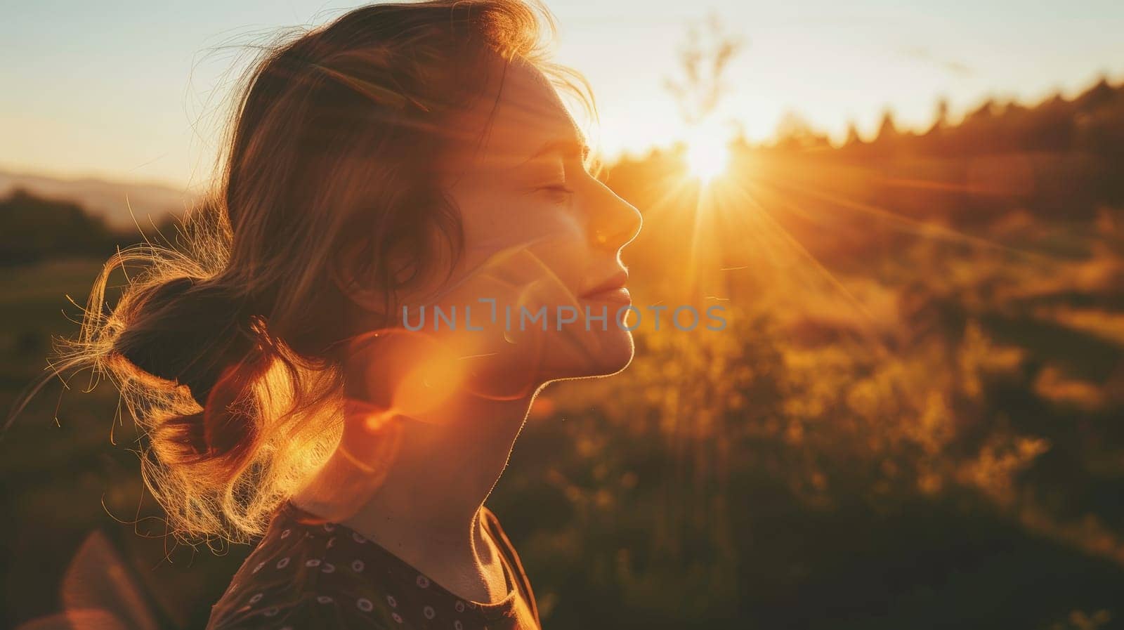 Behold the tranquil silhouette of a thoughtful young woman, basking in the warm embrace of the sun's first light as it kisses the horizon. In this serene moment of connection with nature, she exudes a sense of joy, gratitude, and spiritual harmony, embodying the essence of feminine strength and freedom.