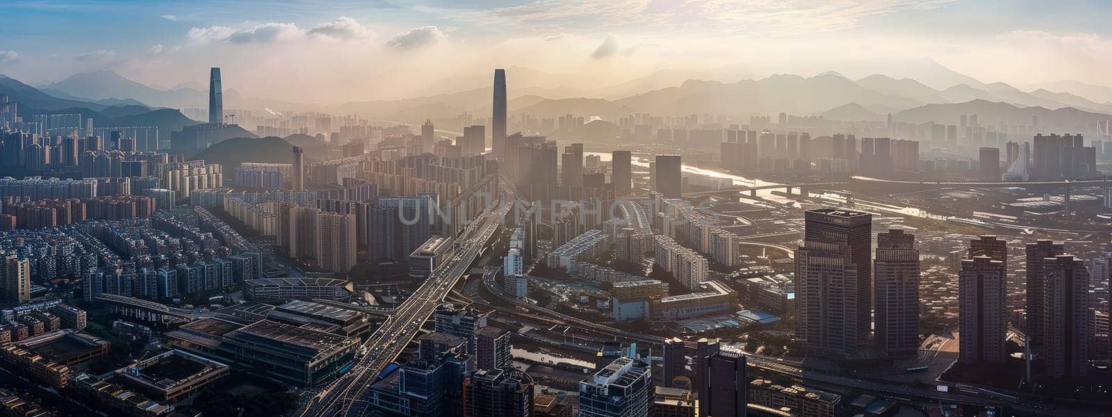 Delve into the urban landscape captured from a bird's-eye view, where roads weave like threads in a tapestry of development and environmental consciousness. This professional photograph, bathed in natural lighting and adorned with film grain, merges the realms of commercial photography and fine art. With meticulous color grading, it offers a photo-realistic portrayal of a cityscape pulsating with life and potential.