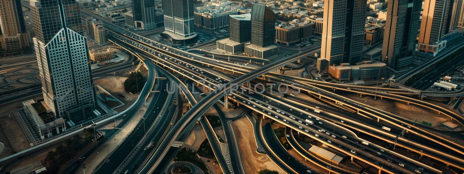 Delve into the urban landscape captured from a bird's-eye view, where roads weave like threads in a tapestry of development and environmental consciousness. This professional photograph, bathed in natural lighting and adorned with film grain, merges the realms of commercial photography and fine art. With meticulous color grading, it offers a photo-realistic portrayal of a cityscape pulsating with life and potential.