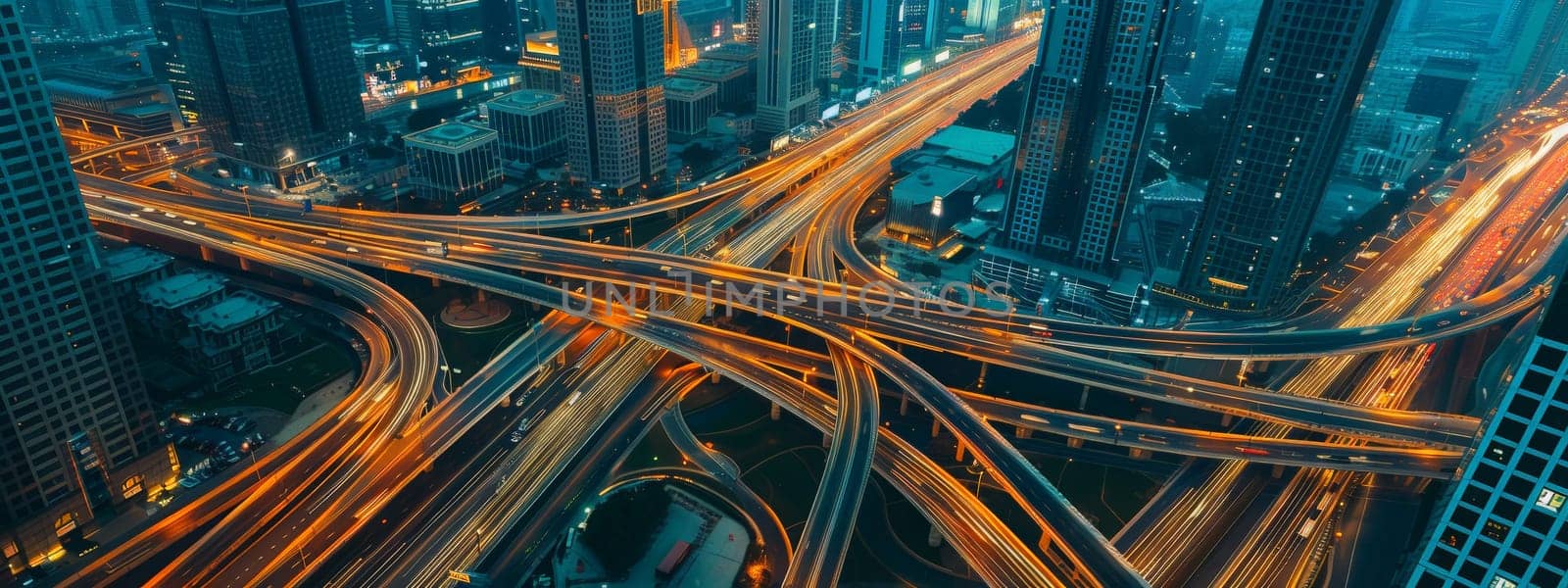 Delve into the urban landscape captured from a bird's-eye view, where roads weave like threads in a tapestry of development and environmental consciousness. This professional photograph, bathed in natural lighting and adorned with film grain, merges the realms of commercial photography and fine art. With meticulous color grading, it offers a photo-realistic portrayal of a cityscape pulsating with life and potential.