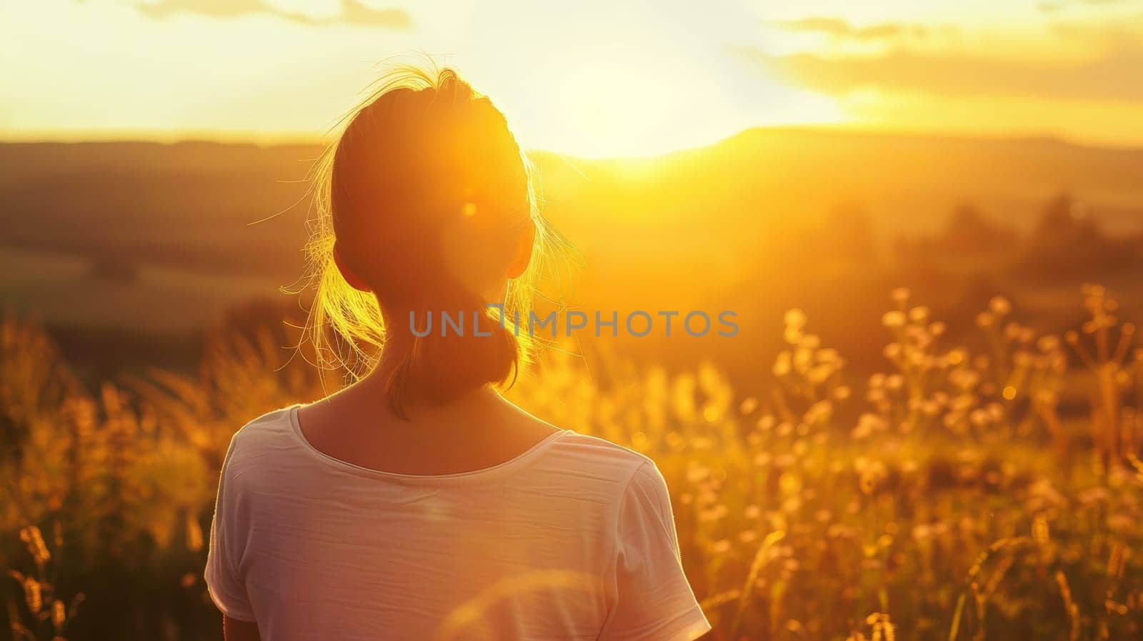 Behold the tranquil silhouette of a thoughtful young woman, basking in the warm embrace of the sun's first light as it kisses the horizon. In this serene moment of connection with nature, she exudes a sense of joy, gratitude, and spiritual harmony, embodying the essence of feminine strength and freedom.
