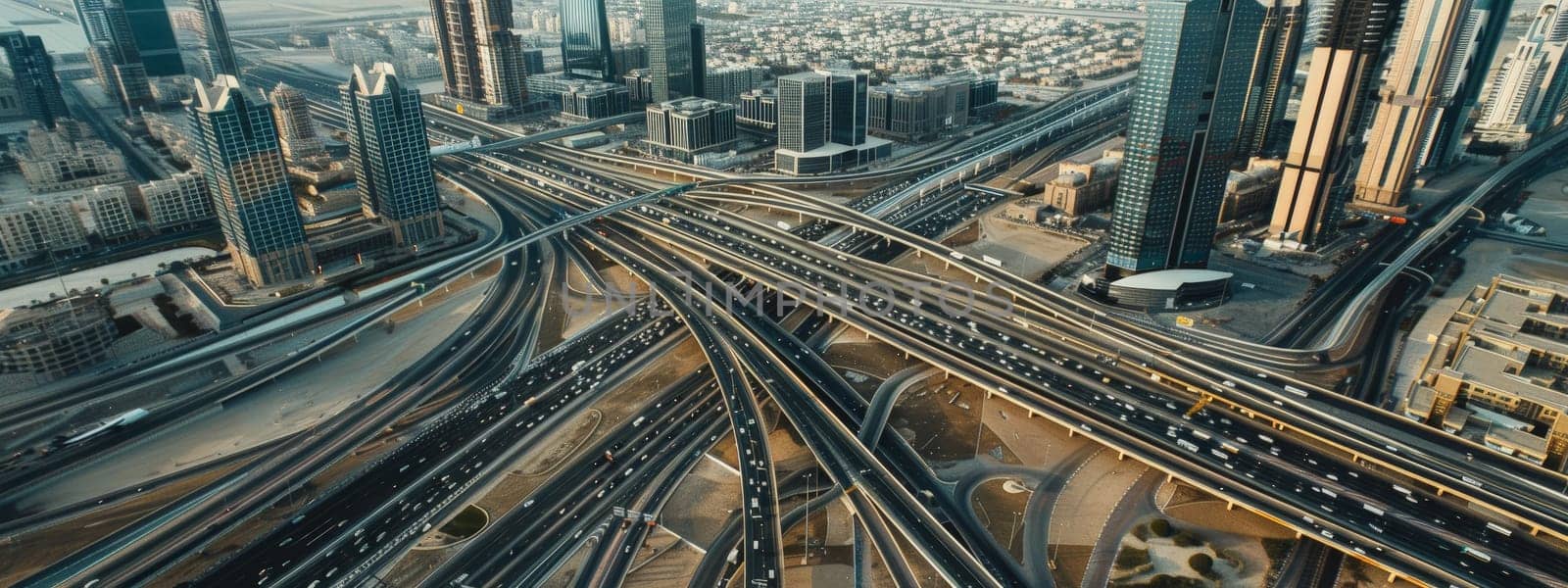 Delve into the urban landscape captured from a bird's-eye view, where roads weave like threads in a tapestry of development and environmental consciousness. This professional photograph, bathed in natural lighting and adorned with film grain, merges the realms of commercial photography and fine art. With meticulous color grading, it offers a photo-realistic portrayal of a cityscape pulsating with life and potential.