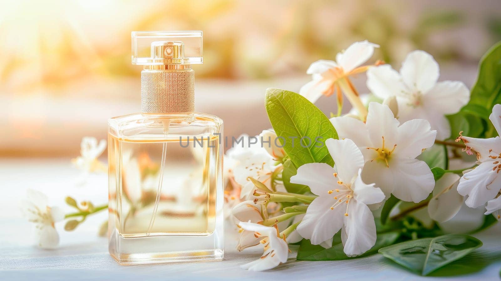 Still life composition with glass perfume bottle with jasmine flowers. Delicate feminine scent concept.AI generated