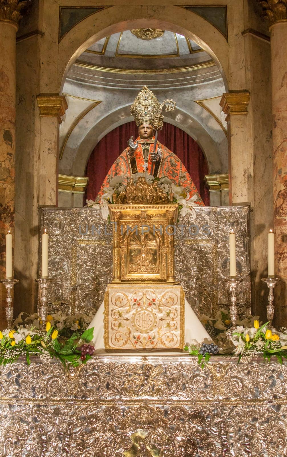 Pamplona, Spain - March 3rd, 2024: San Fermin Patron Saint figure at San Lorenzo Church, Pamplona, Navarra, Spain. Front view