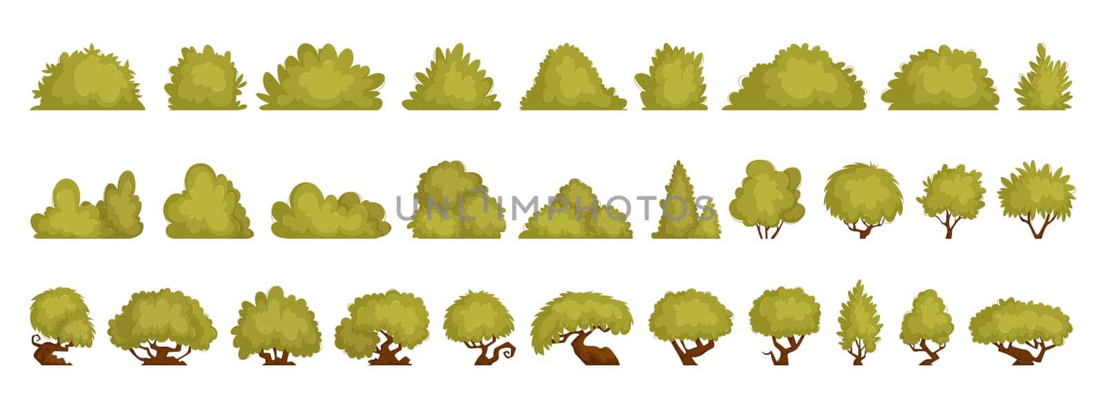 Set of garden green plant isolated on white background. Shrub bush shrubbery tree interesting shape, flat cartoon vector illustration.