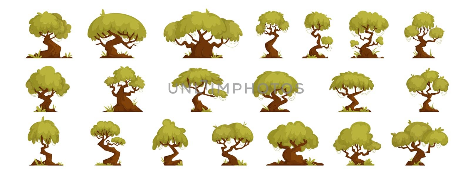 Large Set of forest trees of interesting and twisted shapes, bonsai and oaks, green forest tree of interesting shapes