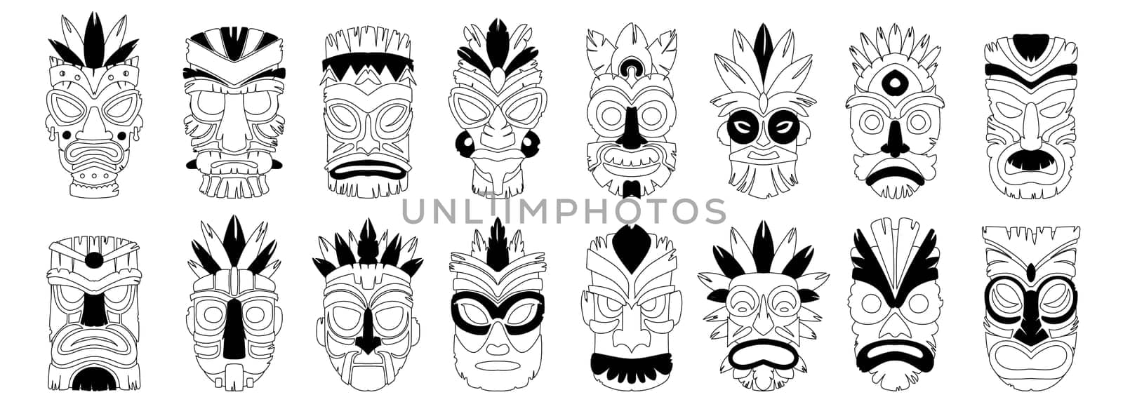 Set of sixteen tiki masks. Black and white linear style ceremonial tiki totem masks, African or Hawaiian idols. Set of vector illustrations Ethnic tribal ritual masks.