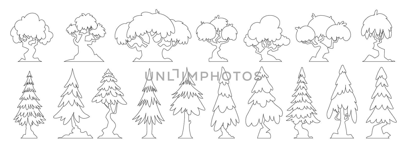 Set of forest trees of various interesting shapes, icons of sow, spruce, small and large trees.