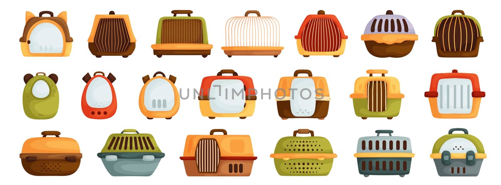 Pet Carrier Set. Empty cell. With handle and door. Portable container for transporting animals. Care. Different forms. White background.